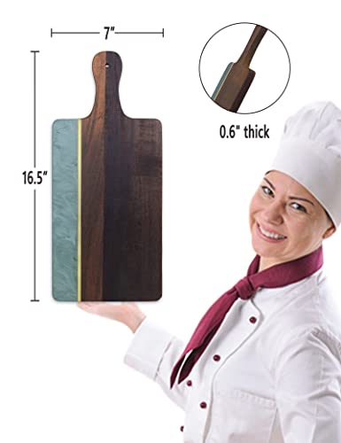Cutting Board with Marble and Wood, 16.5”X 7” Cheese Board with Handle,Serving board for Bread, Cheese, Meat, Fruits, and Vegetables, Charcuterie Boards for Kitchen as Serving Trays