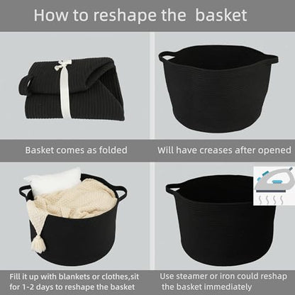 XUANGUO Extra Large Cotton Rope Round Storage Basket 22" x 14" Black | Woven basket for blankets, toys, towels, laundry, nursery, living room and pet toy storage. - color: black