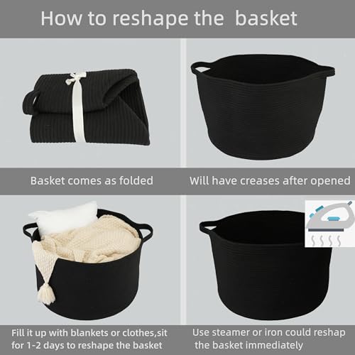XUANGUO Extra Large Cotton Rope Round Storage Basket 22" x 14" Black | Woven basket for blankets, toys, towels, laundry, nursery, living room and pet toy storage. - color: black