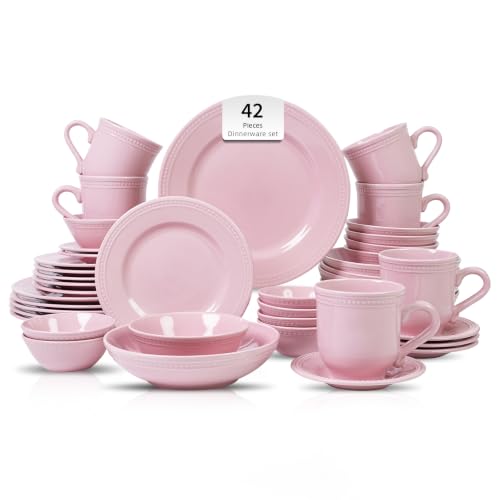 HomeVSS 42-Piece Pearl Dots Stoneware Dinnerware Set, Pink, Service for 6 | plates and bowls sets，dinnerware sets for 6,Pearl Dots Dinnerware，Microwave and Dishwasher Safe - color: Pink, size: 42pc Set