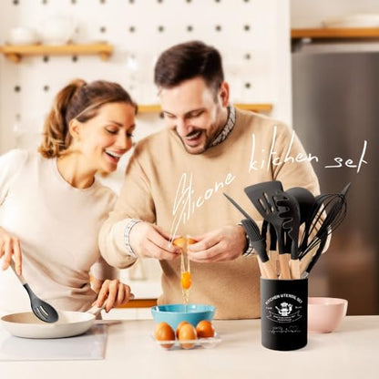 Kitchen Utensils Set Silicone Kitchen Utensils Set with Wooden Handle Utensils for Cooking Heat Resistant Silicone Non-Stick Cookware BPA FREE (Black) - color: Black