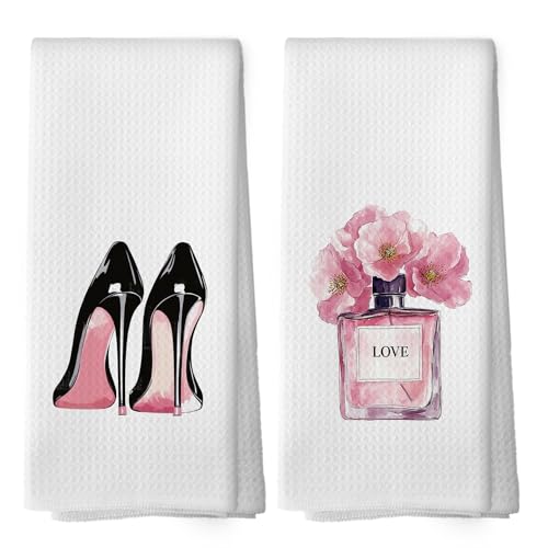 Girly Pink High Heel Perfume Kitchen Towels Set of 2, Modern Bath Bathroom Women Hand Dish Towel, Modern Fashion Floral Perfume Decorative Tea Towel 16x24 Inch - color: Color 04