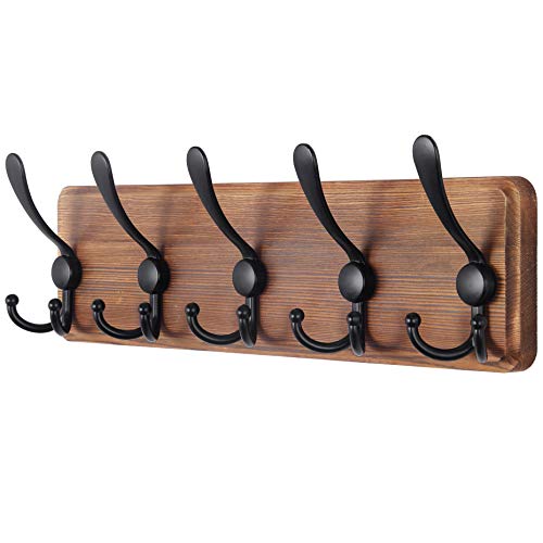 SKOLOO Rustic Coat Rack Wall Mount, 16" Stud Spacing, Solid Wood, Brown | Farmhouse style, 5 Triple Hooks, 100lbs capacity, for backpack jacket coat hat, wall mount, hardware included,rustproof hooks - color: Brown Plate & Black Hook, size: 1 Item-5 Hooks