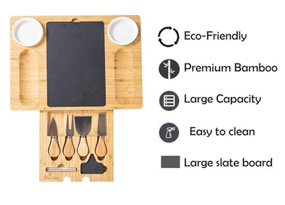 Bamboo Charcuterie Board Gift Set with Expandable Slate, Hidden Drawer, Lightweight, Modern, Natural Finish, Ideal for Cheese, Meats, and Snacks, Perfect for Gatherings or Gifting - size: 2 Grooves Charcuterie Board Set