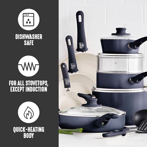 GreenLife 16 Piece Ceramic Nonstick Pots & Pans Cookware Set, Black & Cream | PFAS-Free Nonstick Coating, Stockpot, Frying Pans, Saucepans, Sauté Pan, Stay-Cool Handles, Dishwasher & Oven Safe up to 350F - color: Graphite Black, style: Soft Grip