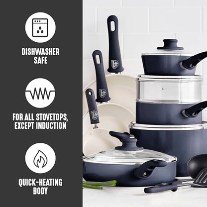 GreenLife 16 Piece Ceramic Nonstick Pots & Pans Cookware Set, Black & Cream | PFAS-Free Nonstick Coating, Stockpot, Frying Pans, Saucepans, Sauté Pan, Stay-Cool Handles, Dishwasher & Oven Safe up to 350F - color: Graphite Black, style: Soft Grip
