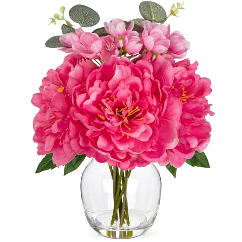 Hollyone Fake Flowers in Vase Pink Peonies Artificial Flowers Peony Bouquet Silk Flower Arrangements with Glass Vase with Faux Water for Home Decor Bathroom Coffee Table Centerpiece Shelf Decorations - color: Hot Pink