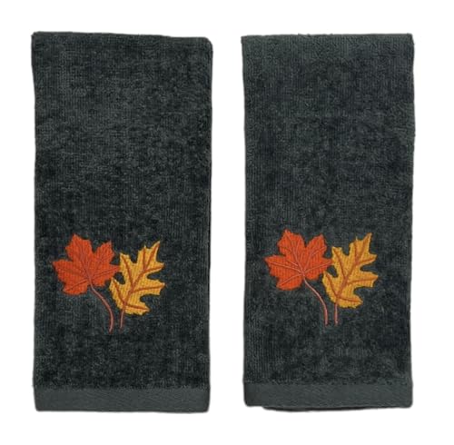Harvest Fall Fingertip Towels for Bathroom: Autumn Plush Dark Grey Gray Autumn Leaf Design, 100% Cotton Towels, Set of 2, 12" x 18" - color: Autumn Leaf Grey