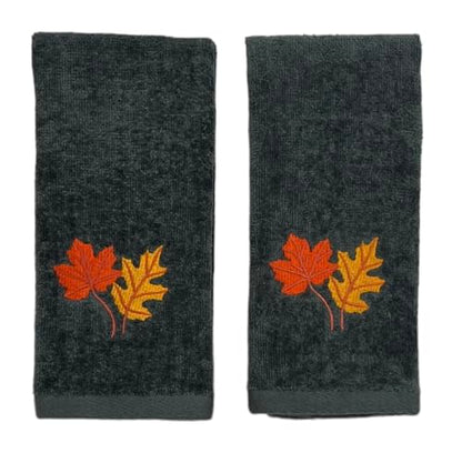 Harvest Fall Fingertip Towels for Bathroom: Autumn Plush Dark Grey Gray Autumn Leaf Design, 100% Cotton Towels, Set of 2, 12" x 18" - color: Autumn Leaf Grey