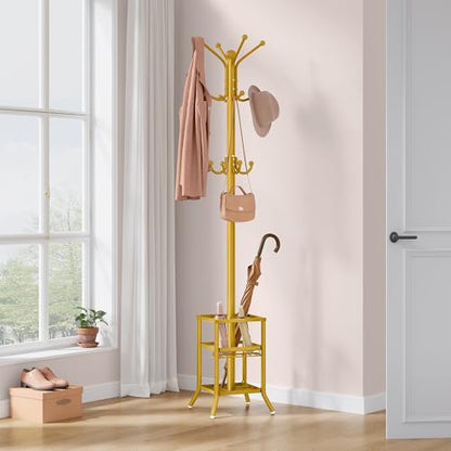 FAVOOSTY Coat Rack Freestanding,Coat Rack Stand with Umbrella Holder,Metal Coat Tree with 12 Hooks,Tree Clothes Hat for Entryway, Hallway, Bedroom, Living Room & Office -Glod - color: Gold