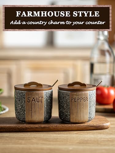 Salt and Pepper Containers for Countertop, Ceramic Salt Pepper Bowls | 10 OZ Salt Cellar with Wooden Lid and Spoons, Farmhouse Salt and Pepper Set of 2, Marble Design, Easy Access, Gray - color: Gray, size: Set of 2