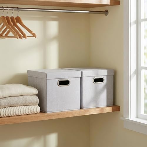 Household Essentials 804-1 Café Cube Bin Storage Set with Lids and Handles | 2 Pack | Silver Linen - size: (Pack of 2)