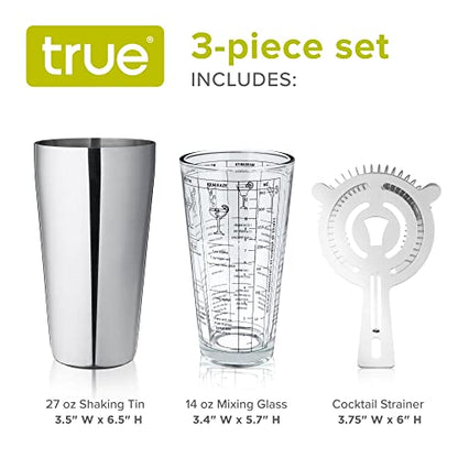 True 3-Piece Barware Set for Mixed Drinks and Cold Brew Cocktails, Includes Cocktail Shaker Tin, Cocktail Mixing Glass with 7 Printed Recipes, and Hawthorne Strainer, Home Bar Tools, Bartender Gifts - size: 3-Piece