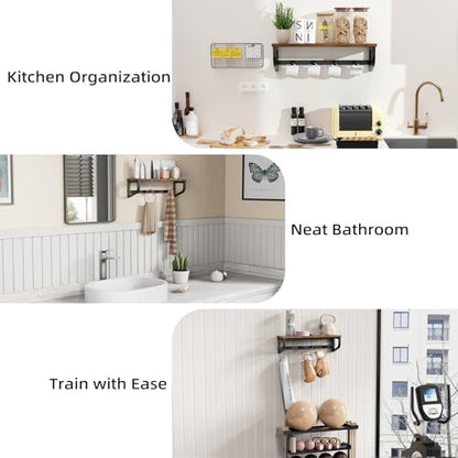 Coat Rack Wall Mount, Wood Wall Shelf with Hooks, Coat Hanger Wall Mount with 4 Metal Hooks, Wall Mounted Coat Rack Organizer for Entryway, Bedroom, Living Room, Room Decor, Brown - size: 16.9 inch-1 pack