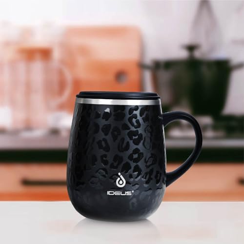 Ideus 16 oz Insulated Coffee Mug with Handle and Lid, Double Wall Stainless Steel Vacuum Thermal Coffee Mug, Travel Coffee Cup Thermal Cup for Home and Office (Leopard Black, FUJI DAWN) - color: Leopard Black