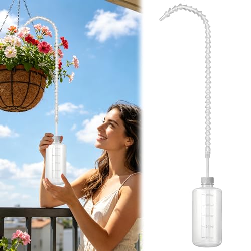 Long Reach Hanging Plant Watering Bottle - 19.6" Adjustable Nozzle, 16.9oz (500ml) Squeeze Watering Can for Indoor Outdoor Ceiling Plants