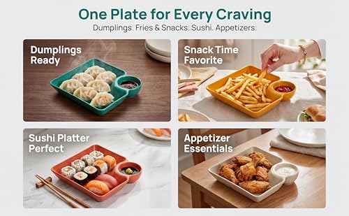 8 Pack Chip and Dip Plates with Sauce Compartment, 4 Colors | 8 reusable divided plates with built-in dip cups for dumplings, fries, sushi, snacks and appetizers.