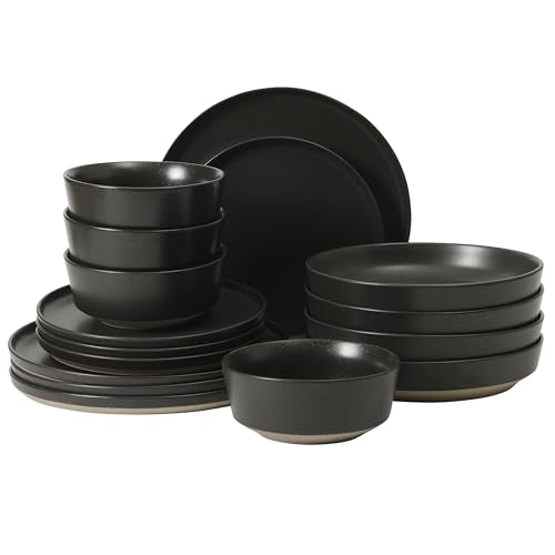 Gibson Elite Overbrook 16-Piece Pottery Clay Stoneware Dinnerware Set – Black Reactive Glaze, Stackable Plates and Bowls W/Pasta Bowl, Service for 4 – Microwave & Dishwasher Safe - color: Black (Overbrook), size: Service for 4 (16pcs)