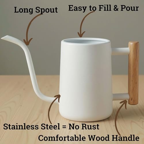 Metal Small Indoor Watering Can with Long Spout & Real Wood Handle, 35oz | Long Spout, Stainless Steel, Real Wood Handle, Gentle Flow, No Spills, Suitable for House Plants, Succulents & Seedlings - color: White