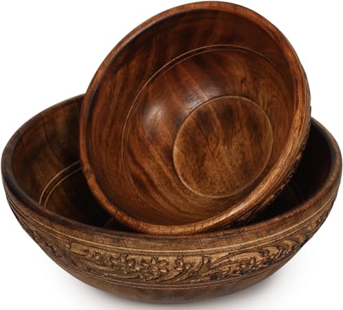 ETROVES Wooden Fruit Bowl Wood For Kitchen Counter Bowl Set for Food/Fruit/Salad - Carved Wood Bowls for Decor - Medium and Small Set of 2, Brown