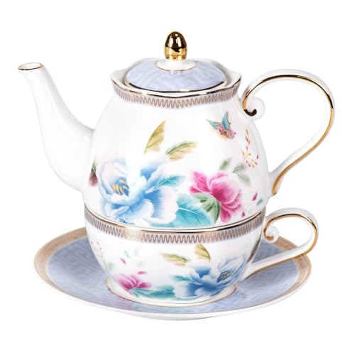 KAMMAK Tea for One Set, Ceramic Teapot, Bone China Tea Set, Cup and Saucer | Colorful, Porcelain Stackable Tea Pot Set with Golden Trim for Coffee and Cappuccino, Ideal for Afternoon Tea and Gifts, GH8 - color: Colorful-GH8