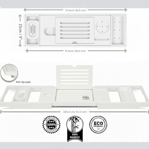Bamboo Bathtub Caddy Tray Expandable & Foldable Bath Shelf with Book, Tablet & Wine Holder Adjustable Wooden Bath Tray for Relaxing Spa at Home – Fits Most Tub Sizes. - color: White