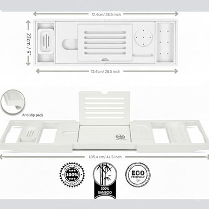 Bamboo Bathtub Caddy Tray Expandable & Foldable Bath Shelf with Book, Tablet & Wine Holder Adjustable Wooden Bath Tray for Relaxing Spa at Home – Fits Most Tub Sizes. - color: White