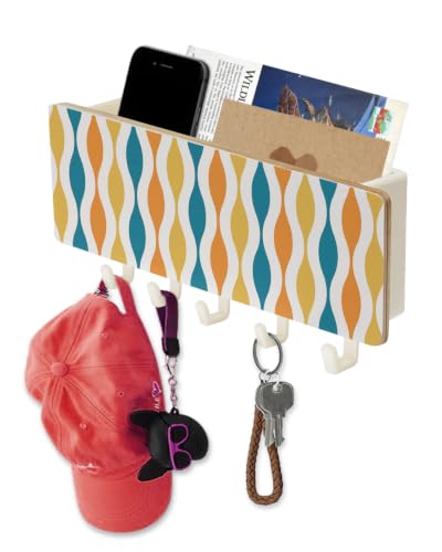 Key Holder for Wall Mid Century Abstract Art Key and Mail Holder with Shelf 5 Hooks Storage Key Organizer Rack Geometric Turquoise Yellow Wood Wall Key Hanger for Entryway Hallway Kitchen Home Decor - color: Yellow, size: White