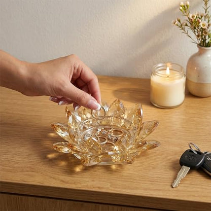 Crystal Flower Jewelry Tray, Luxury Transparent Decorative Trinket Dish for Rings, Earrings, Necklaces, Keys for Vanity Dresser Nightstand, Elegant Gift for Women Mother's Day (1, 6.3"(W)- Gold) - size: 6.3"(W)- Gold
