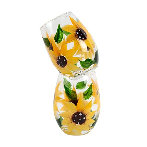 Hand-Painted Sunflower Stemless Wine Glass Set - Rustic Country Farmhouse Decor - Kitchen Gift, Set of 2