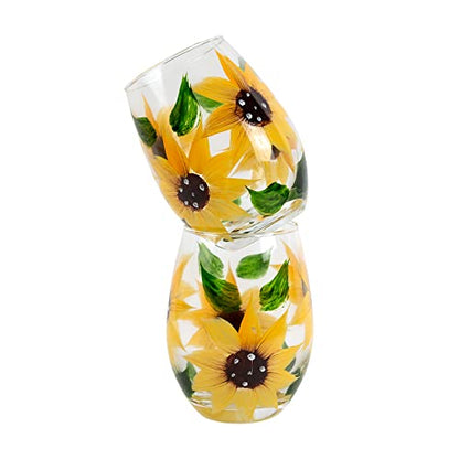 Hand-Painted Sunflower Stemless Wine Glass Set - Rustic Country Farmhouse Decor - Kitchen Gift, Set of 2