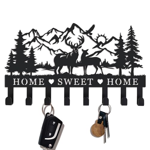 Deer Metal Key Holder for Wall, 14.5" X 9.2", Key Hooks for Wall Organizer, Key Rack, Forest Theme Coat Hat Towel Hooks, Ideal for Living Roo - size: Medium, style: Sweet Home
