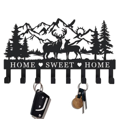 Deer Metal Key Holder for Wall, 14.5" X 9.2", Key Hooks for Wall Organizer, Key Rack, Forest Theme Coat Hat Towel Hooks, Ideal for Living Roo - size: Medium, style: Sweet Home