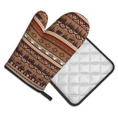Rustic Bear Deer Oven Mitts and Pot Holder Sets Boho Ethnic Hot Pads Non-Slip Heat Resistant Kitchen Gloves for Baking Cooking Grilling BBQ - color: Rustic Bear Deer