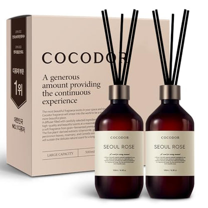 COCODOR Premium Reed Diffuser/Seoul Rose /16.9oz /2 Pack/Large Capacity Fragrance Scent Oil Stick Diffuser Set for Bedroom Bathroom Home Décor