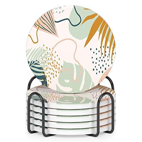Coasters for Drinks, Set of 6 Cute Absorbent Ceramic Drink Coasters | Set of 6 Absorbent Ceramic Drink Coasters with Holder and Cork Base, Kitchen Home Decor Housewarming Gift, Round 4 in - color: Boho Leaves