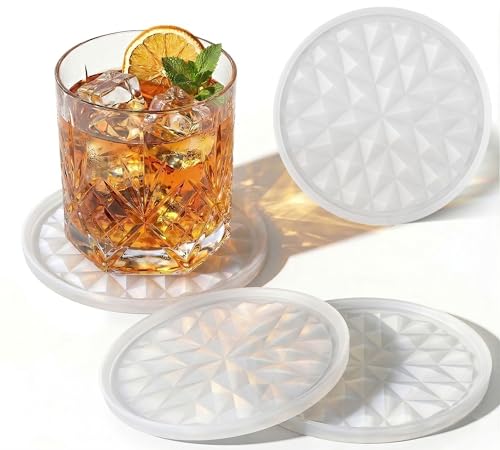 Silicone Drink Coasters Set of 4, Coaster for Desk | Prevents Condensation&Spills, Non-Slip, Reusable&Easy Clean, Diamond Pattern, Stylish Office&Home Decor, Gift, Translucent - color: Translucent, size: 4×3.9inches