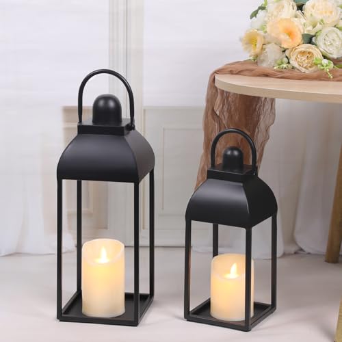 Lanterns Decorative Outdoor Indoor, 17'' 13'' Black Metal Outdoor Lanterns | Set of 2 Modern Farmhouse Candle Lantern Decor Rustic Lanterns Centerpieces for Patio, Front Porch, Mantel, Wedding, No Glass - color: Black, size: 17in and 13in