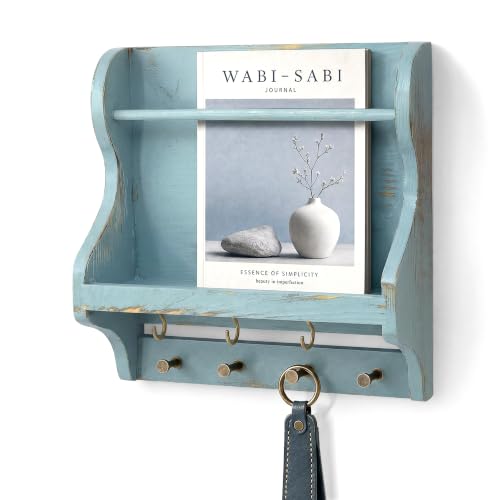 Pine Wood Mail Organizer Wall Mount: Magazine Holder for Room Decor, Blue | Anti-drop wood strip, Letter Holder Slot for Newspaper, 7 Key Hooks, Rustic Entryway Organizer, Ideal Home Organization - color: Blue