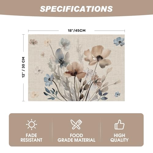 Artoid Mode Brown Poppy Floral Vinyl Spring Placemats Set of 6, Wipeable Plastic Woven PVC Table Mats for Party Kitchen Dining Decor, 12x18 Inch - size: 12" x 18", Rectangular Set of 6