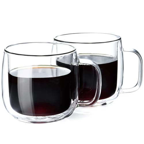 Unbreakable Double Walled Glass Coffee Mugs 10 fl oz, Microwave & Refrigerator Safe, Borosilicate Glass Insulated Coffee Mugs Set of 2 for Espresso, Cappuccino, Latte, Americano, Tea, Beverage - size: 2 count