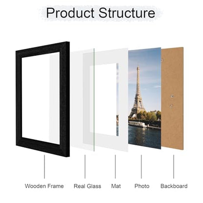 iRahmen 7x10 Picture Frame with Mat 5.5x8.5 - High Definition Real Glass Wooden Photo Frames for Tabletop Display and Wall Mounting (Black Woodgrain, Set of 4) - color: Black Woodgrain, size: 7X10