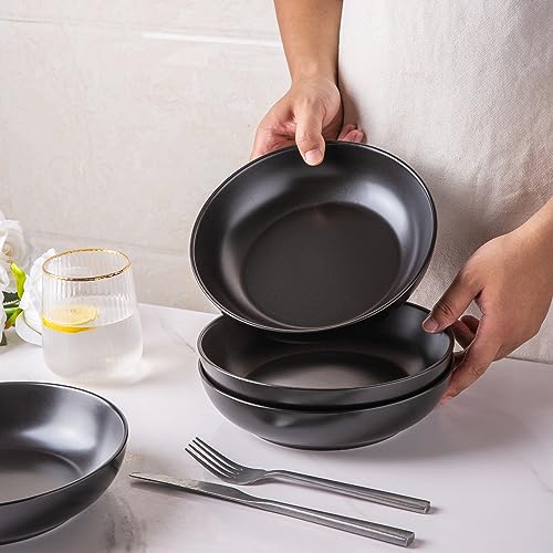 AmorArc 8.5 Inch Stoneware Pasta Bowls of 6, 32oz Large Bowls Set | Matte Black Wide Bowls for Kitchen Pasta,Salad,Oatmeal, Microwave&Dishwasher Safe - size: Set of 6