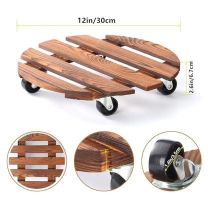 2 Pack 12" Plant Caddy with Wheels, Rolling Plant Stand 220 LB Heavy Duty Wooden Round Plant Dolly with Metal 360° Lockable Caster Wheels for Outdoor Indoor Large Plant Pots, Flower Pot, Patio - size: 12"+12"