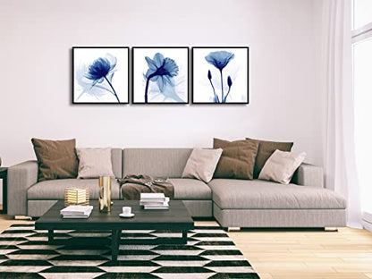 Wieco Art Framed Wall Art Blue Abstract Flowers 3 Panels Canvas Prints Home Art Modern Artwork Wall Pictures for Living Room Bedroom and Home Decorations Black Frame - size: 20x20inchx3pcs (Framed)