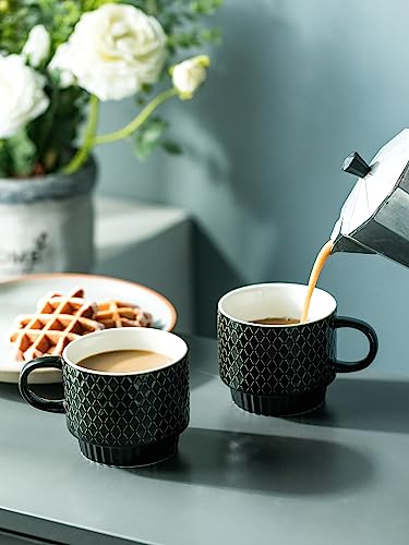 LYEOBOH Stackable Coffee Mugs Set of 4 with Rack & Spoons Coffee Mug Set 13 OZ., Ceramic Embossed Grinding Demitasse Cups Set Cappuccino Cup Halloween for Coffee, Latte, Macchiato, Espresso, Black - color: Black