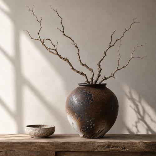 Wabi Sabi Vase, 9.1" Brown Ceramic Vase for Rustic Farmhouse Home Decor | Brown Ceramic Wabi Sabi Vase, Wide-Mouth Design for Dried Flowers, Pampas Grass, Tables and Gifts - color: Brown, size: 9in