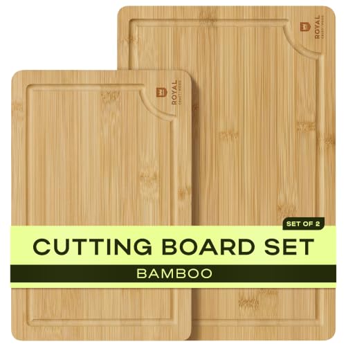 ROYAL CRAFT WOOD Wooden Cutting Boards for Kitchen Meal Prep & Serving - Bamboo Wood Serving Board Set with Deep Juice Groove Side Handles - Charcuterie & Chopping Butcher Block for Meat - color: Natural, size: 2-Piece