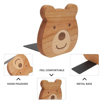 Cabilock 2 Pieces Book Stoppers: Wooden Bear Bookends for Shelves - Metal Base Non-Skid Book Ends for Bookshelf Decoration Home Office School Supplies