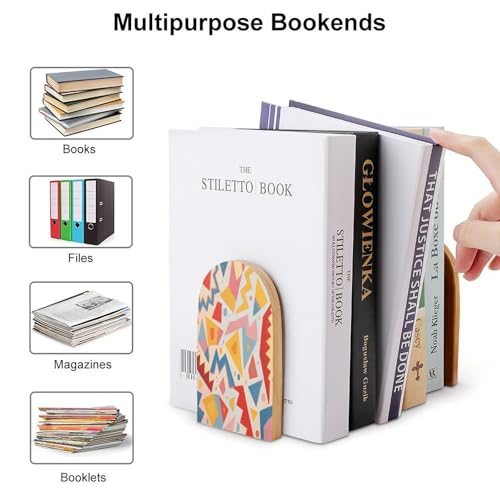 Personalized Wood Book Ends Metal Base Geometric Pattern Design Printing Bookend Modern Heavy Duty Bookends for Home Or Office 1 Pair - color: Geometric Pattern Design